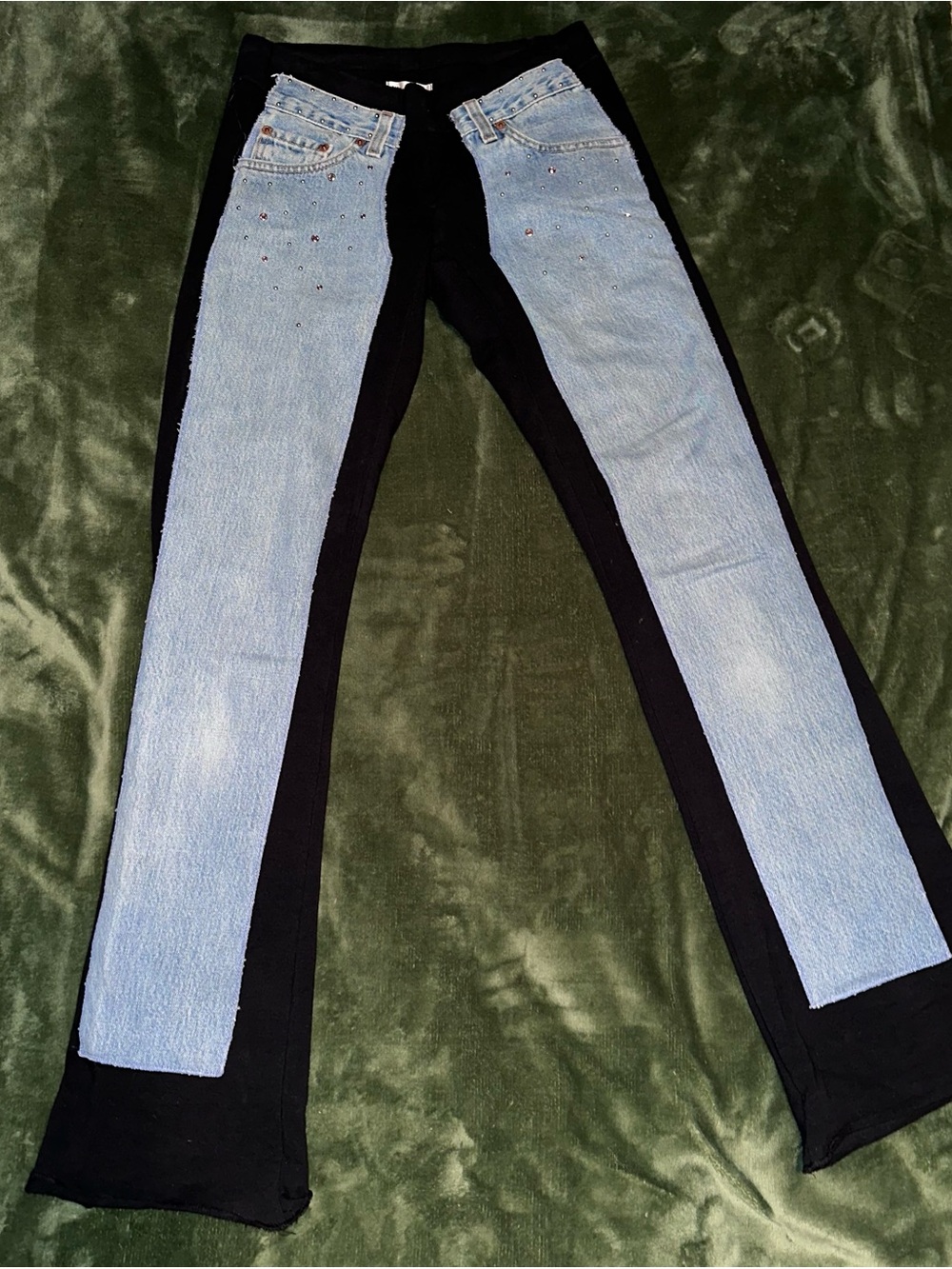 Two-Tone ColorBlock Blue & Black Wide-Leg Jeans with Stud Detail Bejeweled
